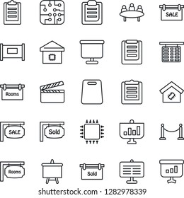 Thin Line Icon Set - fence vector, flight table, presentation board, meeting, clipboard, clapboard, sale, rooms, sold signboard, smart home, cutting, chip