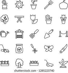 Thin Line Icon Set - fence vector, flower in pot, trowel, garden fork, farm, seedling, tree, watering can, lawn mower, butterfly, sun, knife, pumpkin, picnic table, fertilizer, ripper, tulip, alcove