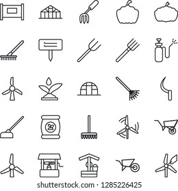 Thin Line Icon Set - fence vector, garden fork, farm, rake, wheelbarrow, well, hoe, sickle, plant label, pumpkin, greenhouse, sprayer, fertilizer, windmill, irrigation