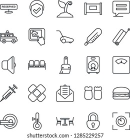 Thin Line Icon Set - fence vector, suitcase, cafe, waiting area, sproute, lawn mower, syringe, thermometer, scales, patch, tomography, ambulance car, shield, speaker, mail, message, themes, lock