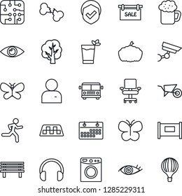 Thin Line Icon Set - fence vector, taxi, airport bus, tree, wheelbarrow, butterfly, bench, pumpkin, run, eye, broken bone, shield, headphones, user, calendar, office chair, sale, phyto bar, beer