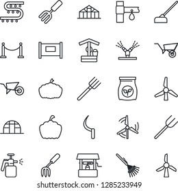 Thin Line Icon Set - fence vector, garden fork, farm, rake, wheelbarrow, well, hoe, sickle, pumpkin, greenhouse, sprayer, fertilizer, drip irrigation, windmill