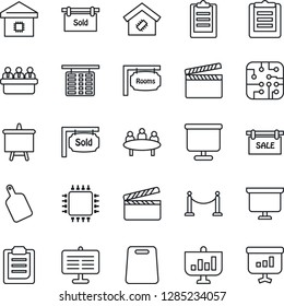 Thin Line Icon Set - fence vector, flight table, presentation board, meeting, clipboard, clapboard, sale, rooms, sold signboard, smart home, cutting, chip