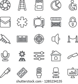 Thin Line Icon Set - fence vector, office chair, pen, ladder, house, pills blister, ambulance star, disabled, barcode, tv, microphone, mobile camera, tuning, mail, sd, lock, pie graph, target, knife