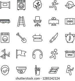 Thin Line Icon Set - fence vector, airport bus, automatic door, signpost, job, ladder, tree, garden knife, run, plane, shield, headphones, alarm, paper tray, windmill, sale, washer, restaurant table