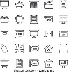 Thin Line Icon Set - fence vector, flight table, presentation board, meeting, clipboard, clapboard, sale, rooms, sold signboard, smart home, cutting, chip