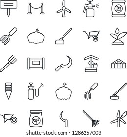 Thin Line Icon Set - fence vector, garden fork, farm, rake, wheelbarrow, well, hoe, sickle, plant label, pumpkin, greenhouse, sprayer, fertilizer, irrigation, windmill