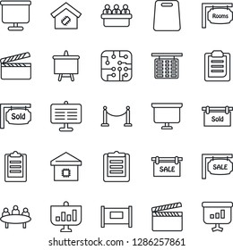 Thin Line Icon Set - fence vector, flight table, presentation board, meeting, clipboard, clapboard, sale, rooms, sold signboard, smart home, cutting, chip