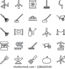 Thin Line Icon Set - fence vector, garden fork, farm, rake, wheelbarrow, well, hoe, sickle, pumpkin, greenhouse, sprayer, fertilizer, drip irrigation, windmill
