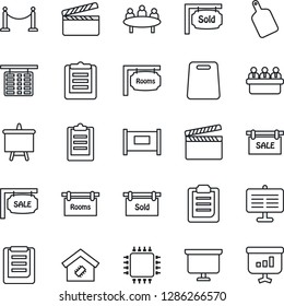 Thin Line Icon Set - fence vector, flight table, presentation board, meeting, clipboard, clapboard, sale, rooms, sold signboard, smart home, cutting, chip