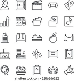 Thin Line Icon Set - fence vector, baggage conveyor, plane globe, airport building, growth statistic, blood test vial, pulse clipboard, route, navigation, clapboard, scanner, music, paper binder