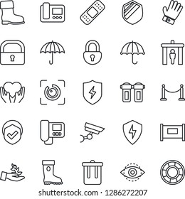 Thin Line Icon Set - fence vector, security gate, trash bin, glove, boot, patch, heart hand, umbrella, shield, protect, lock, eye id, intercome, water filter, surveillance, palm sproute