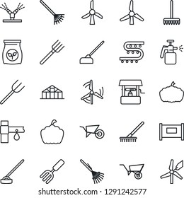 Thin Line Icon Set - fence vector, garden fork, farm, rake, wheelbarrow, well, hoe, pumpkin, greenhouse, sprayer, fertilizer, drip irrigation, windmill