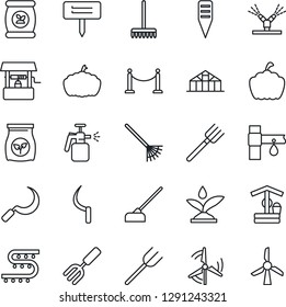 Thin Line Icon Set - fence vector, garden fork, farm, rake, well, hoe, sickle, plant label, pumpkin, greenhouse, sprayer, fertilizer, drip irrigation, windmill