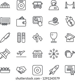 Thin Line Icon Set - fence vector, departure, airport bus, hierarchy, pen, drawing pin, watering can, seedling, greenhouse, route, store, support, truck trailer, fragile, flame disk, speaker, book