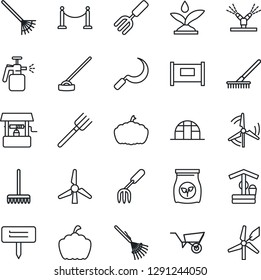 Thin Line Icon Set - fence vector, garden fork, farm, rake, wheelbarrow, well, hoe, sickle, plant label, pumpkin, greenhouse, sprayer, fertilizer, windmill, irrigation