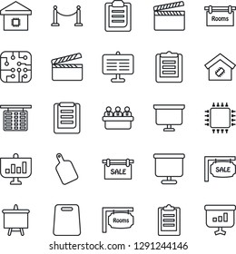 Thin Line Icon Set - fence vector, flight table, presentation board, meeting, clipboard, clapboard, sale, rooms, smart home, cutting, chip