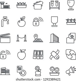 Thin Line Icon Set - fence vector, airport building, office, document reload, seedling, blood test vial, navigation, satellite, fragile, clapboard, application, paper binder, water supply, estate