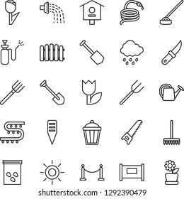 Thin Line Icon Set - fence vector, job, farm fork, rake, watering can, saw, sun, rain, hose, hoe, garden knife, plant label, light, seeds, bird house, sprayer, drip irrigation, tulip, flower in pot