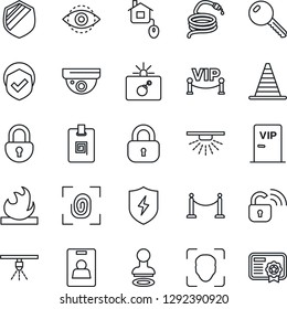 Thin Line Icon Set - fence vector, bomb in case, stamp, border cone, hose, shield, flammable, protect, lock, face id, eye, identity card, key, vip zone, home control, fingerprint, wireless
