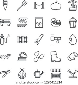 Thin Line Icon Set - fence vector, farm fork, watering can, pruner, glove, boot, saw, lady bug, water drop, well, hose, plant label, bench, pumpkin, garden light, seeds, caterpillar, sprayer, salad