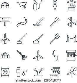 Thin Line Icon Set - fence vector, farm fork, rake, wheelbarrow, well, hoe, sickle, plant label, greenhouse, garden sprayer, fertilizer, drip irrigation, windmill