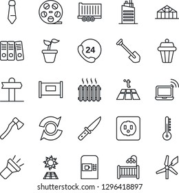 Thin Line Icon Set - fence vector, coffee machine, wireless notebook, tie, job, seedling, axe, greenhouse, signpost, 24 hours, truck trailer, reel, torch, update, paper binder, children room, heater