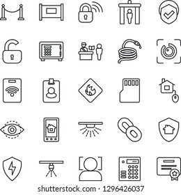 Thin Line Icon Set - fence vector, passport control, security gate, safe, hose, shield, flammable, chain, protect, sd, face id, eye, lock, home, wireless, app, combination, pass card, sprinkler