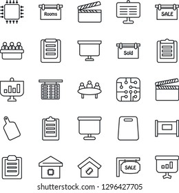 Thin Line Icon Set - fence vector, flight table, presentation board, meeting, clipboard, clapboard, sale, rooms, sold signboard, smart home, cutting, chip