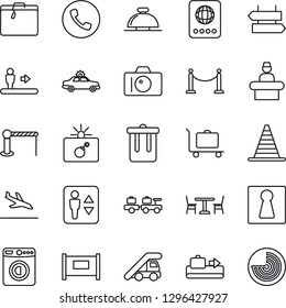 Thin Line Icon Set - fence vector, arrival, suitcase, baggage conveyor, trolley, barrier, cafe, elevator, escalator, phone, trash bin, signpost, female, alarm car, bomb in case, reception bell