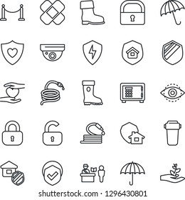 Thin Line Icon Set - fence vector, passport control, umbrella, safe, boot, hose, patch, heart shield, hand, protect, lock, eye id, estate insurance, water filter, home, surveillance, palm sproute