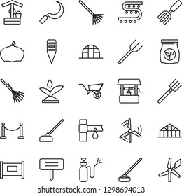 Thin Line Icon Set - fence vector, garden fork, farm, rake, wheelbarrow, well, hoe, sickle, plant label, pumpkin, greenhouse, sprayer, fertilizer, drip irrigation, windmill