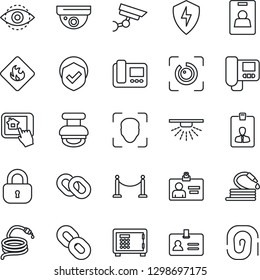 Thin Line Icon Set - fence vector, identity, safe, card, hose, shield, flammable, chain, protect, face id, eye, stamp, lock, intercome, home control app, surveillance, sprinkler, fingerprint