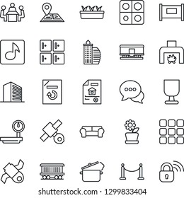 Thin Line Icon Set - fence vector, checkroom, office building, document reload, seedling, navigation, railroad, satellite, fragile, heavy scales, dialog, menu, music, application, meeting, estate