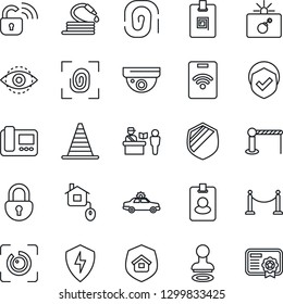 Thin Line Icon Set - fence vector, barrier, passport control, alarm car, bomb in case, stamp, border cone, hose, shield, protect, lock, eye id, identity card, estate insurance, home, fingerprint