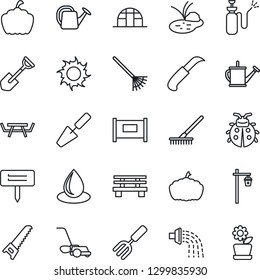 Thin Line Icon Set - fence vector, trowel, garden fork, shovel, rake, watering can, saw, lawn mower, lady bug, water drop, sun, knife, plant label, bench, pumpkin, light, greenhouse, pond, sprayer