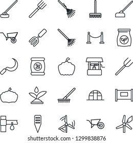 Thin Line Icon Set - fence vector, garden fork, farm, rake, wheelbarrow, well, hoe, sickle, plant label, pumpkin, greenhouse, fertilizer, drip irrigation, windmill