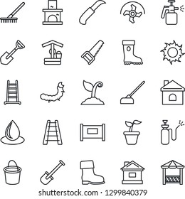 Thin Line Icon Set - fence vector, shovel, ripper, rake, ladder, seedling, bucket, sproute, boot, saw, house, water drop, sun, well, hoe, garden knife, fireplace, caterpillar, sprayer, alcove