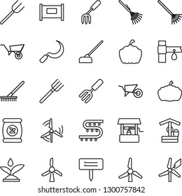 Thin Line Icon Set - fence vector, garden fork, farm, rake, wheelbarrow, well, hoe, sickle, plant label, pumpkin, fertilizer, drip irrigation, windmill