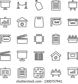 Thin Line Icon Set - fence vector, flight table, presentation board, meeting, clipboard, clapboard, sale, rooms, sold signboard, smart home, cutting, chip
