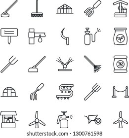 Thin Line Icon Set - fence vector, garden fork, farm, rake, wheelbarrow, well, hoe, sickle, plant label, greenhouse, sprayer, fertilizer, drip irrigation, windmill