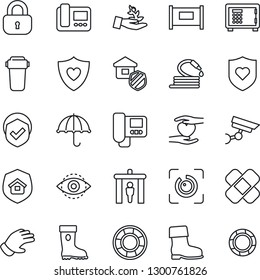 Thin Line Icon Set - fence vector, security gate, safe, glove, boot, hose, patch, heart shield, hand, umbrella, eye id, lock, estate insurance, intercome, water filter, surveillance, palm sproute