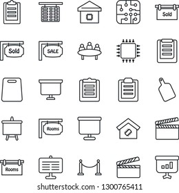 Thin Line Icon Set - fence vector, flight table, presentation board, meeting, clipboard, clapboard, sale, rooms, sold signboard, smart home, cutting, chip