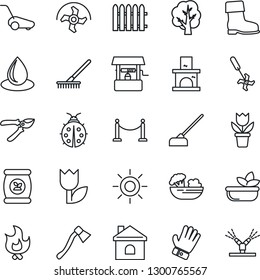 Thin Line Icon Set - fence vector, flower in pot, ripper, rake, tree, pruner, glove, boot, lawn mower, lady bug, fire, house, water drop, sun, well, hoe, axe, fireplace, fertilizer, tulip, salad