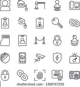 Thin Line Icon Set - fence vector, barrier, bomb in case, stamp, lock, identity card, shield, chain, protect, sd, face id, key, home control, fingerprint, intercome, app, pass, surveillance