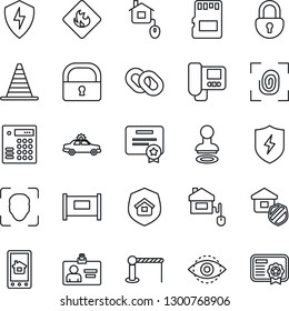 Thin Line Icon Set - fence vector, barrier, alarm car, stamp, border cone, identity card, flammable, chain, protect, sd, lock, face id, eye, estate insurance, home control, fingerprint, intercome