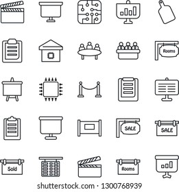 Thin Line Icon Set - fence vector, flight table, presentation board, meeting, clipboard, clapboard, sale, rooms, sold signboard, smart home, cutting, chip