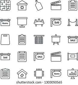 Thin Line Icon Set - fence vector, flight table, presentation board, meeting, clipboard, clapboard, sale, rooms, sold signboard, smart home, cutting, chip