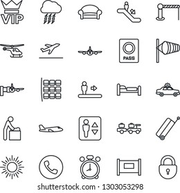 Thin Line Icon Set - fence vector, suitcase, departure, barrier, elevator, escalator, alarm clock, phone, waiting area, vip, car, baby room, passport, bed, baggage larry, sun, storm cloud, wind