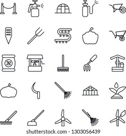 Thin Line Icon Set - fence vector, garden fork, farm, rake, wheelbarrow, well, hoe, sickle, plant label, pumpkin, greenhouse, sprayer, fertilizer, drip irrigation, windmill